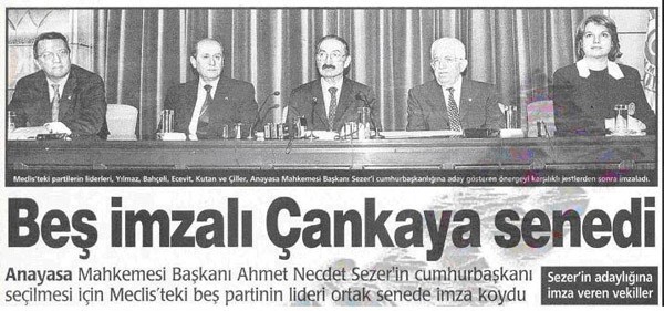 5 Mayıs 2000 Ahmet Necdet Sezer Seçim sonucunda TBMM'de grubu bulunan 5 partinin üzerinde konsensüs sağladığı Anayasa Mahkemesi Başkanı Ahmet Necdet Sezer 3. tur sonunda gereken oy sayısının (276) üzerine çıkarak Türkiye'nin 10. Cumhurbaşkanı seçilmiştir. İlk iki turda gereken 2/3 (367) çoğunluğa hiçbir aday ulaşamamıştır. Sezer cumhurbaşkanlığı görevini 16 Mayıs 2000'de Süleyman Demirel'den devralmıştır.